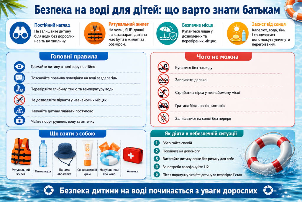 Інфографіка з правилами безпеки дітей біля води, рекомендаціями щодо рятувальних жилетів, нагляду дорослих і дій у небезпечній ситуації