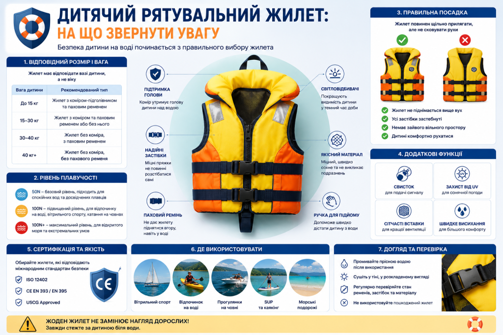 Інфографіка про вибір дитячого рятувального жилета за вагою, плавучістю, посадкою, матеріалом, застібками та додатковими функціями
