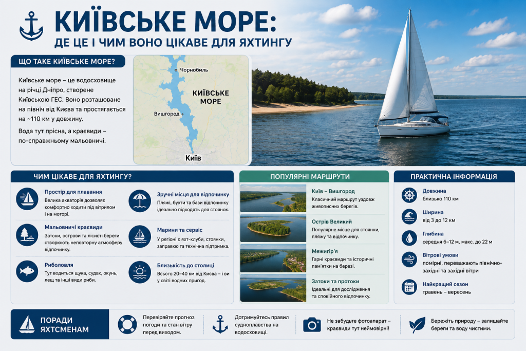 Інфографіка про Київське водосховище, популярні маршрути для яхтингу, природні особливості та практичну інформацію для яхтсменів
