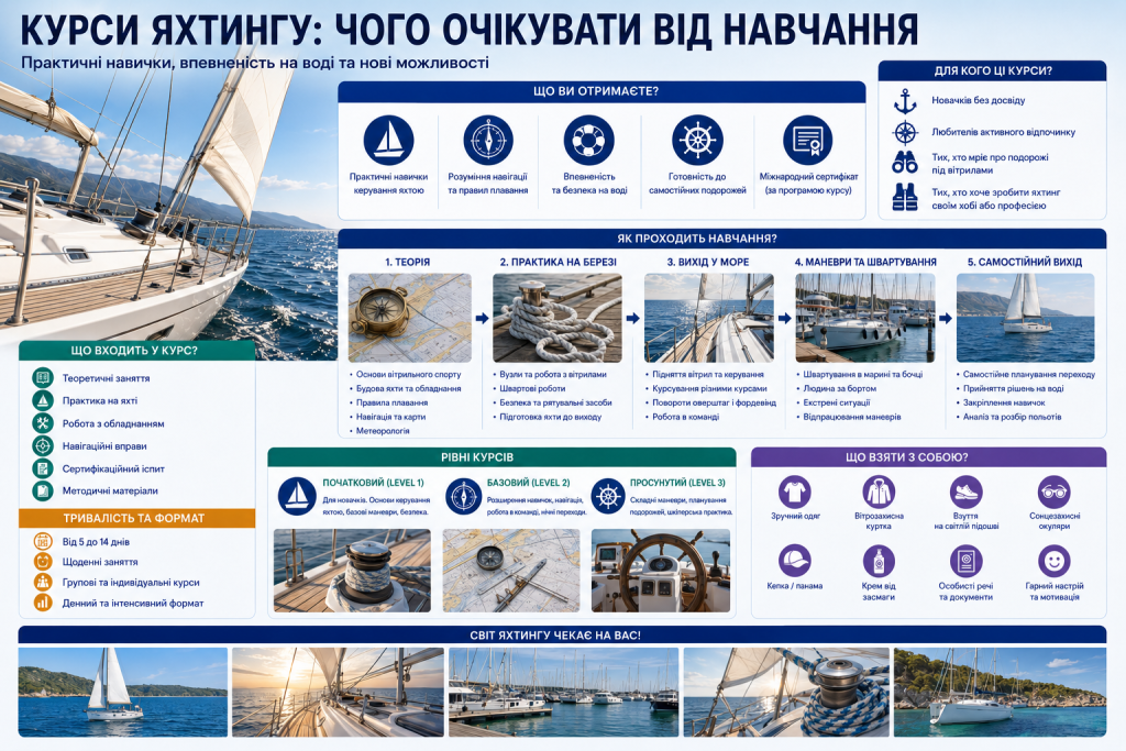 Інфографіка про програму курсів яхтингу, теоретичні й практичні заняття, рівні підготовки, екіпірування та навички керування яхтою