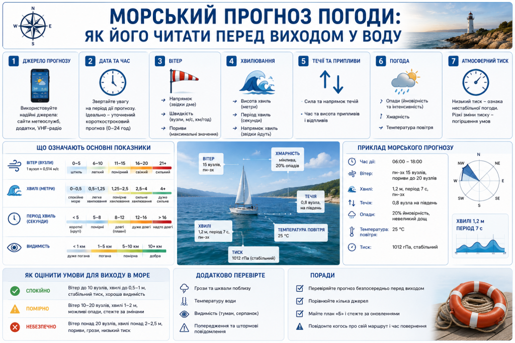 Інфографіка про основні показники морського прогнозу погоди: вітер, хвилі, течії, опади, атмосферний тиск і видимість
