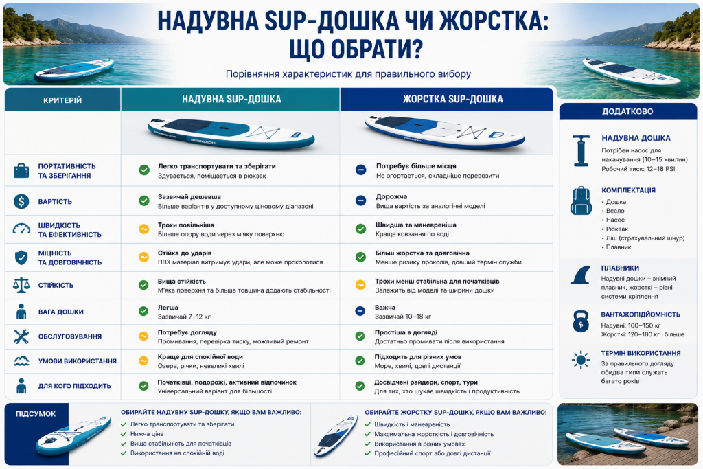 Інфографіка з порівнянням надувної та жорсткої SUP-дошки за вагою, міцністю, швидкістю, стійкістю, ціною та умовами використання