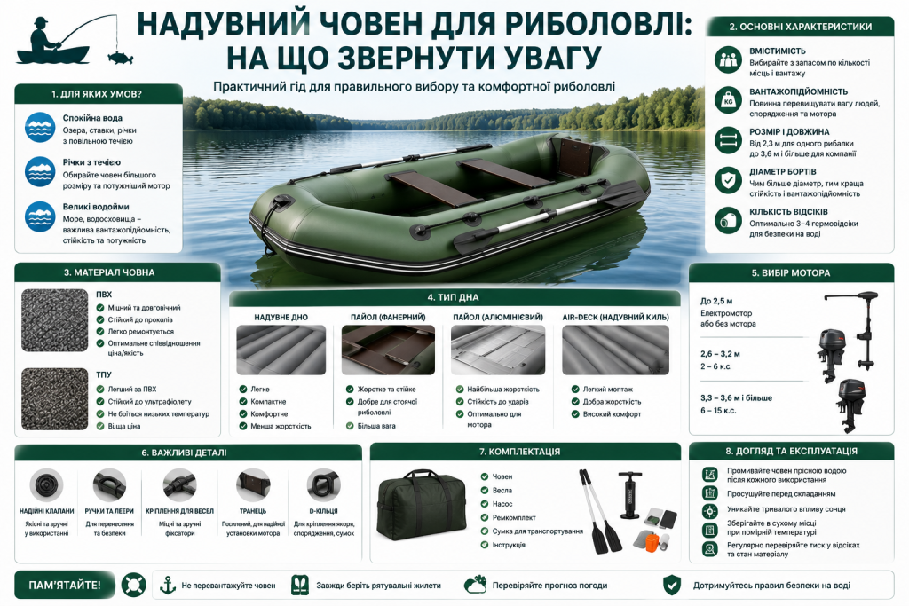 Інфографіка про вибір надувного човна для риболовлі за розміром, вантажопідйомністю, матеріалом, типом дна, мотором і комплектацією