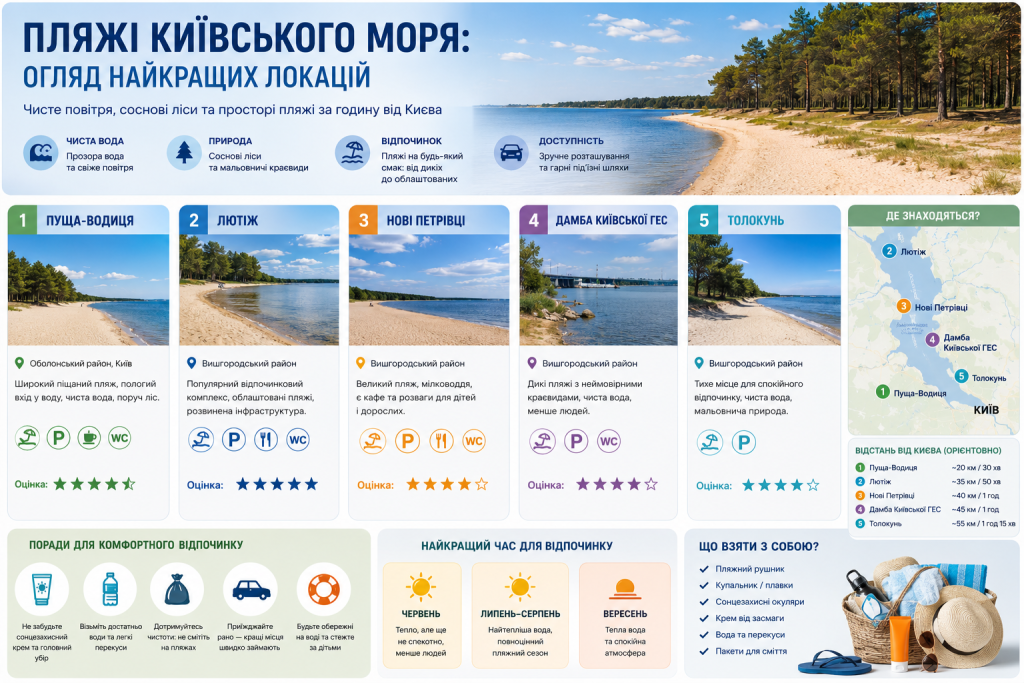 Інфографіка з оглядом популярних пляжів Київського моря, їх розташуванням, особливостями, інфраструктурою та відстанню від Києва