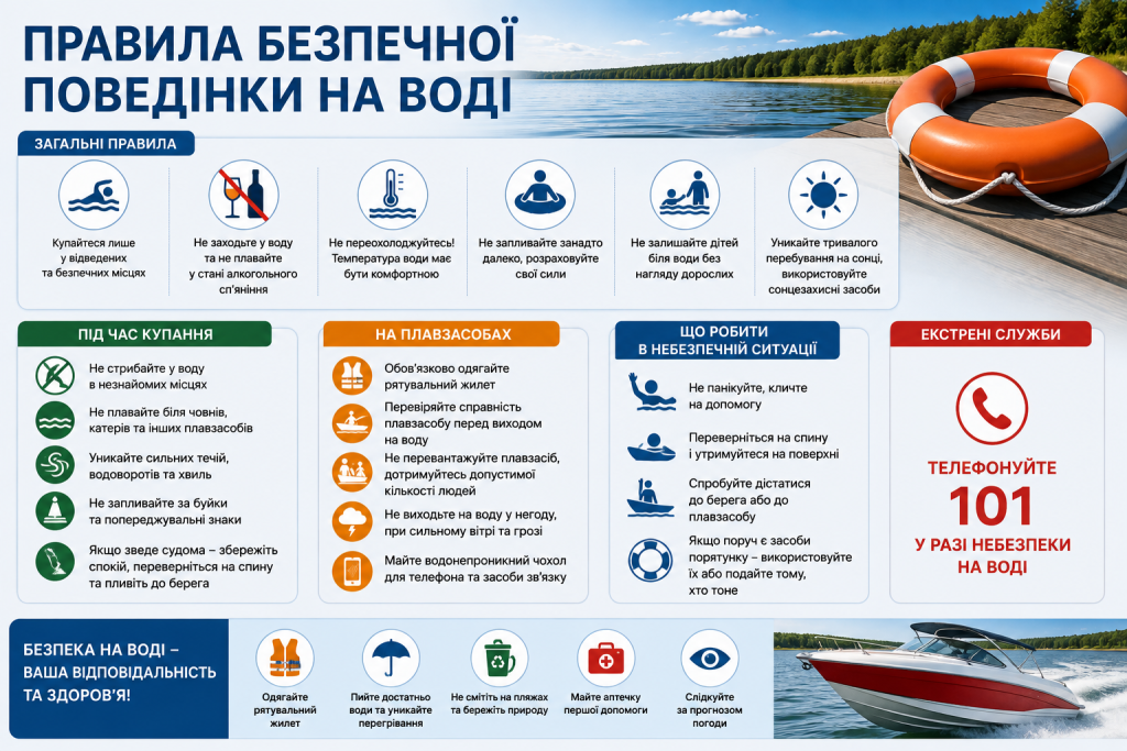 Інфографіка з основними правилами безпеки під час купання, відпочинку на воді та користування плавзасобами