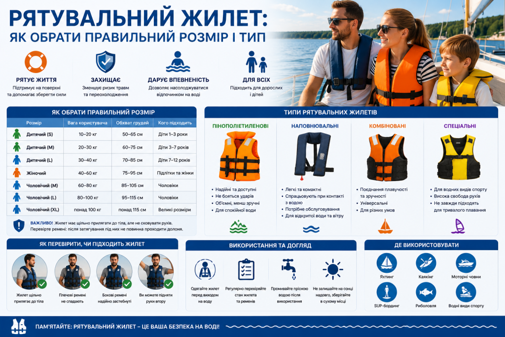 Інфографіка про вибір рятувального жилета за розміром, вагою користувача, типом конструкції та видом активності на воді