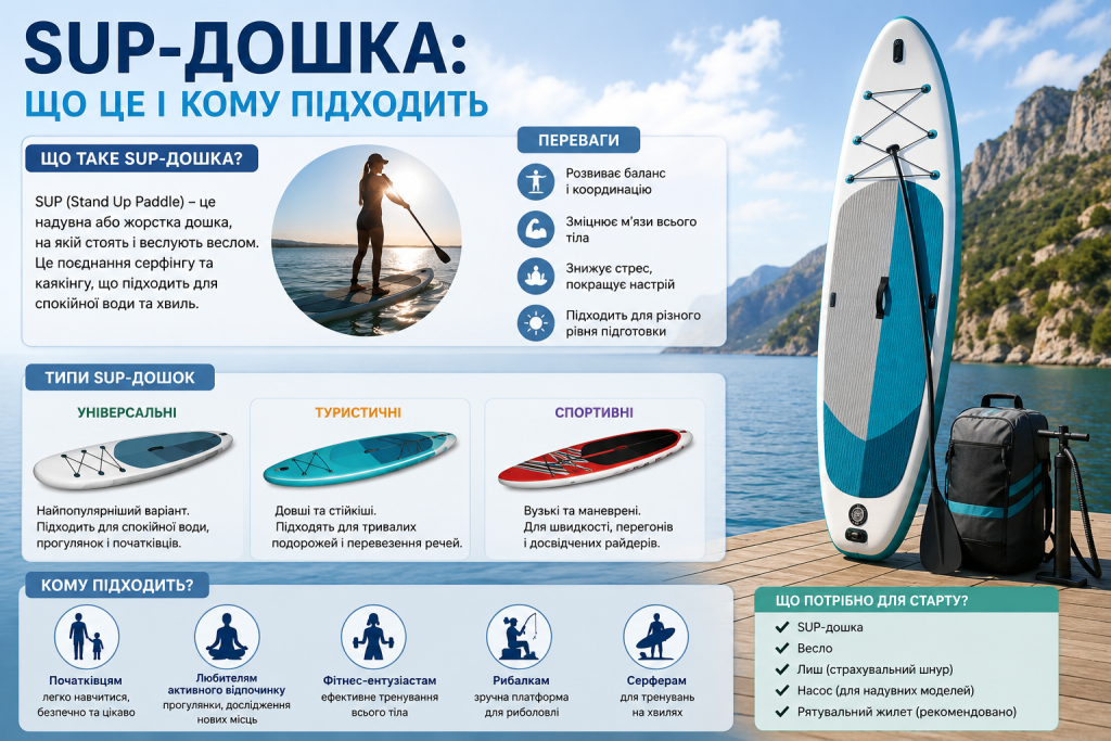 Інфографіка про SUP-дошки, їх основні типи, переваги, спорядження для старту та кому підходить сапбординг