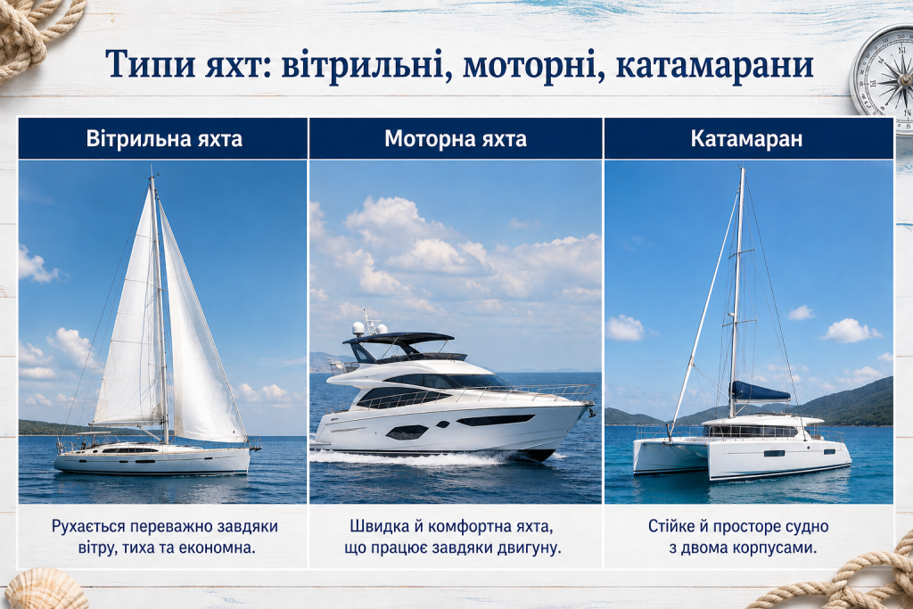 Інфографіка з порівнянням вітрильної яхти, моторної яхти та катамарана з коротким описом особливостей кожного типу