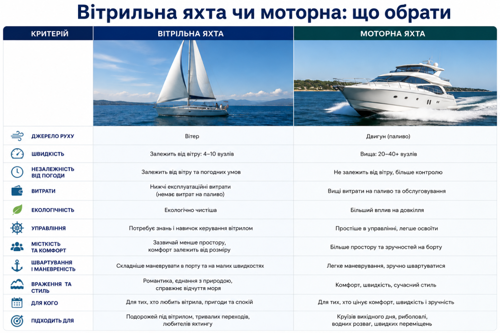 Порівняльна інфографіка вітрильної та моторної яхти за швидкістю, витратами, керуванням, комфортом, екологічністю та призначенням