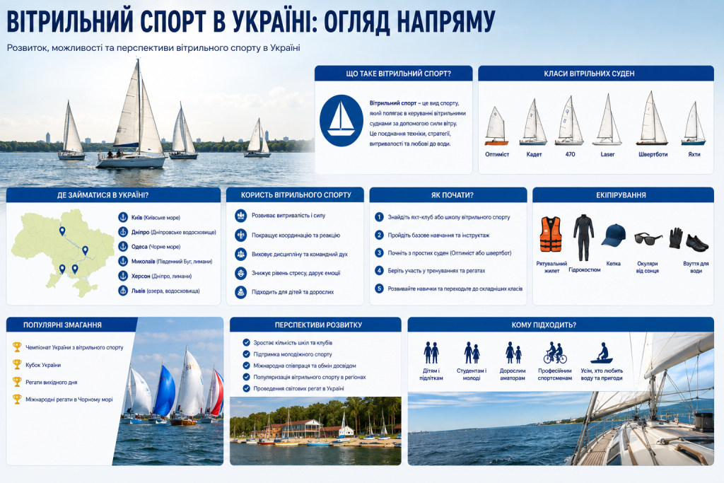 Інфографіка про розвиток вітрильного спорту в Україні, класи яхт, екіпірування, користь, місця для занять і популярні змагання