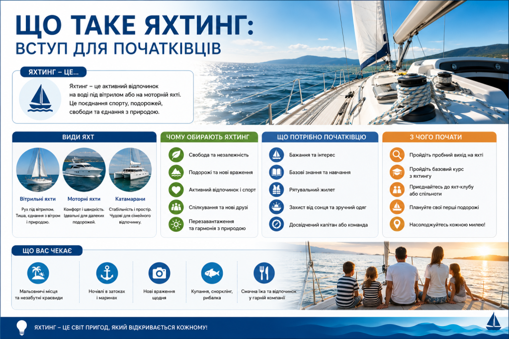 Інфографіка для початківців про яхтинг, види яхт, переваги відпочинку під вітрилами та перші кроки для навчання