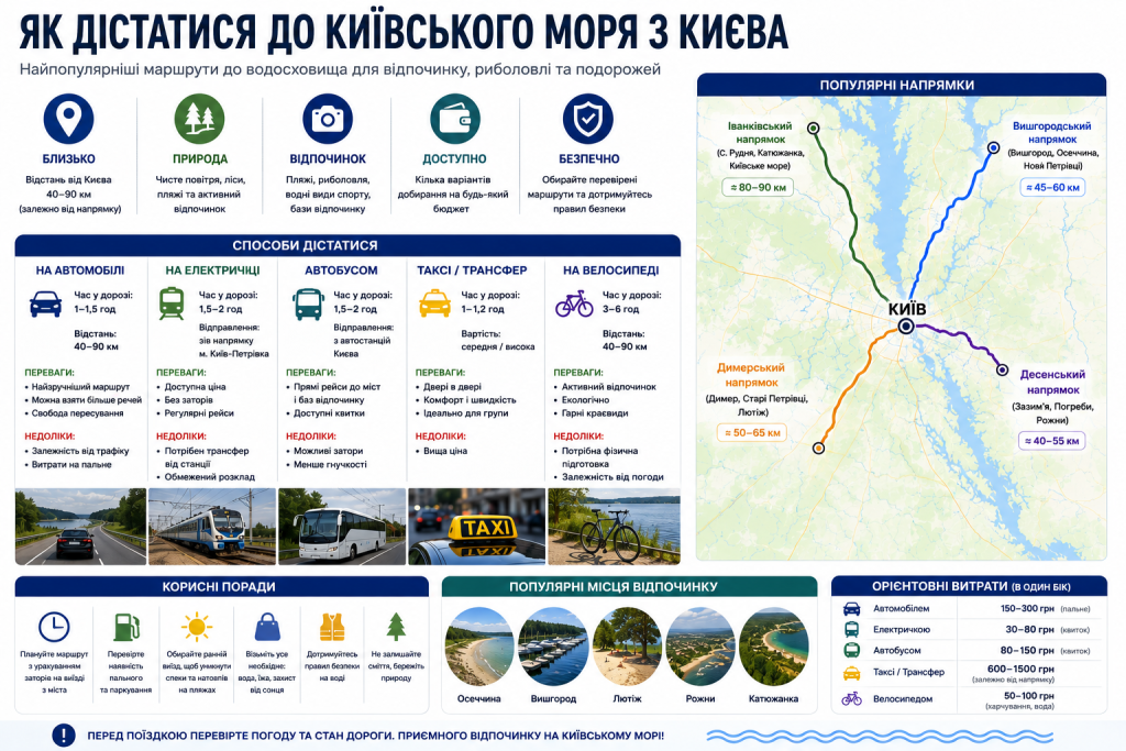 Інфографіка з основними способами та маршрутами поїздки з Києва до Київського моря автомобілем, електричкою, автобусом, таксі та велосипедом