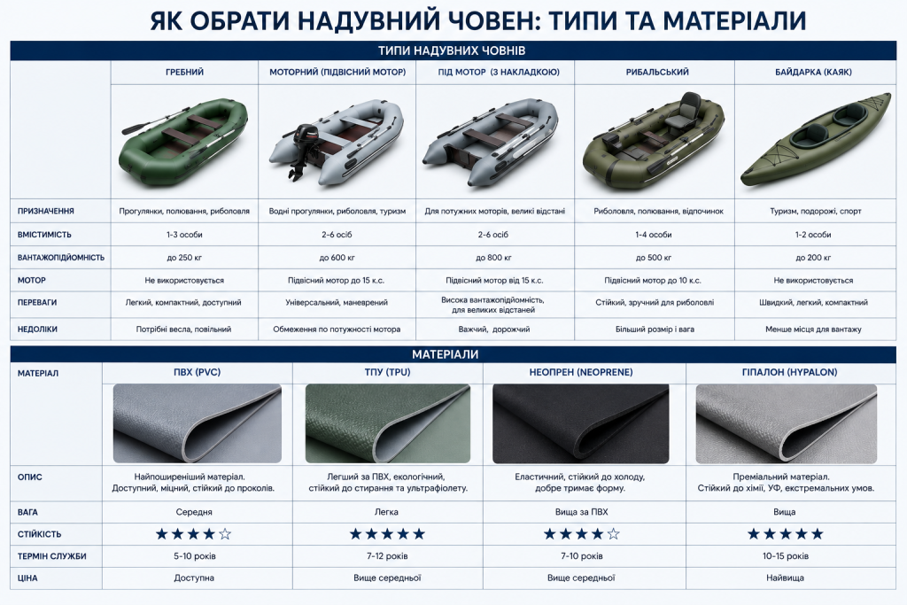 Порівняльна інфографіка про типи надувних човнів, їх місткість, призначення, мотори та матеріали корпусу