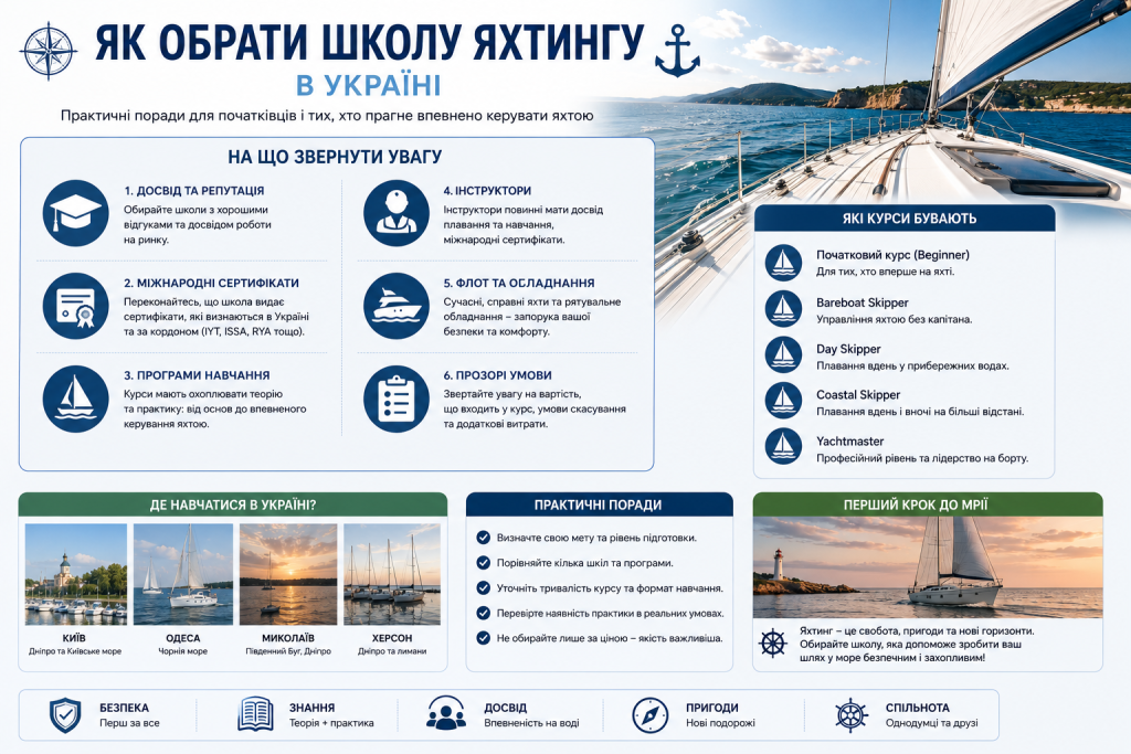 Інфографіка з порадами щодо вибору школи яхтингу в Україні, курсів, інструкторів, сертифікатів та навчального флоту