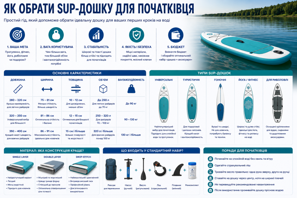 Інфографіка про вибір SUP-дошки за довжиною, шириною, товщиною, вантажопідйомністю, конструкцією та призначенням