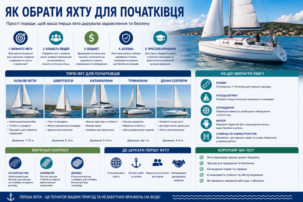 Інфографіка з порадами щодо вибору першої яхти, типів суден, матеріалів корпусу, бюджету, оснащення та безпеки
