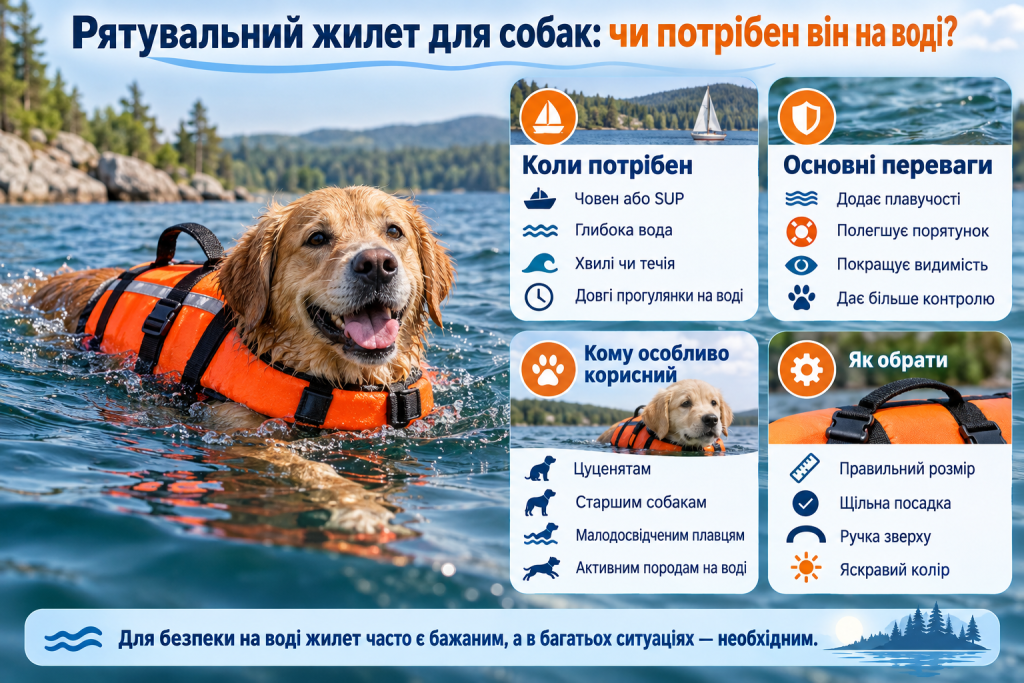 Інфографіка про рятувальний жилет для собак, його переваги, випадки використання та правила вибору для безпеки тварини на воді