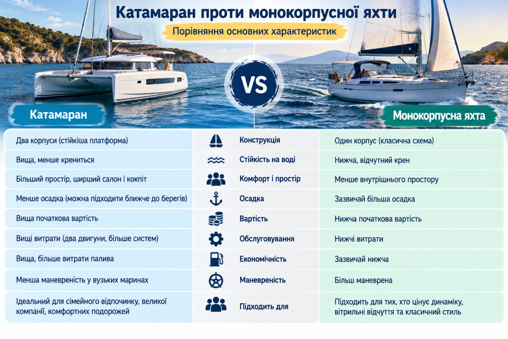 Таблиця порівняння катамарана та монокорпусної яхти за стійкістю, комфортом, осадкою, вартістю, економічністю та маневреністю.