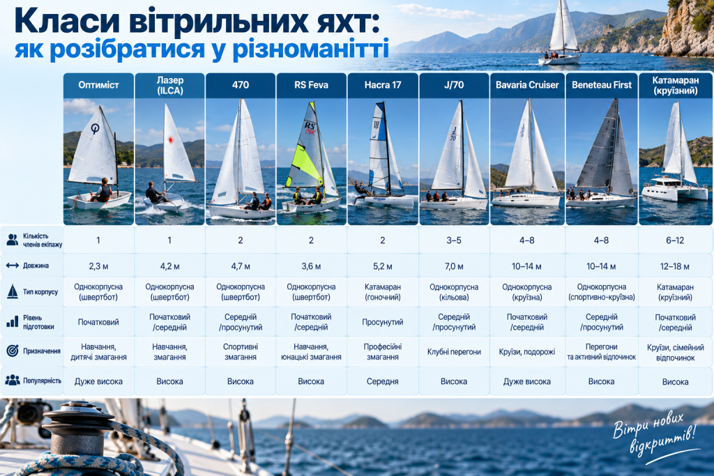 Інфографіка з порівнянням популярних класів вітрильних яхт і човнів за розміром, кількістю екіпажу, рівнем підготовки та призначенням.