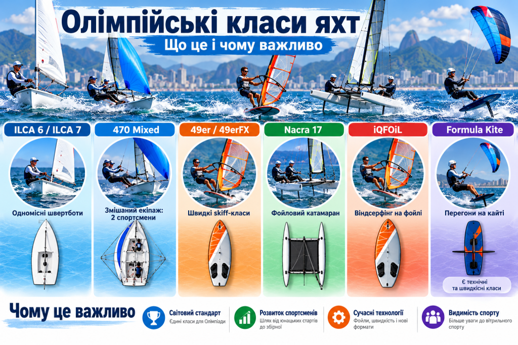 Інфографіка з олімпійськими класами вітрильного спорту: ILCA 6, ILCA 7, 470 Mixed, 49er, Nacra 17, iQFOiL та Formula Kite із зображеннями суден і спортсменів.