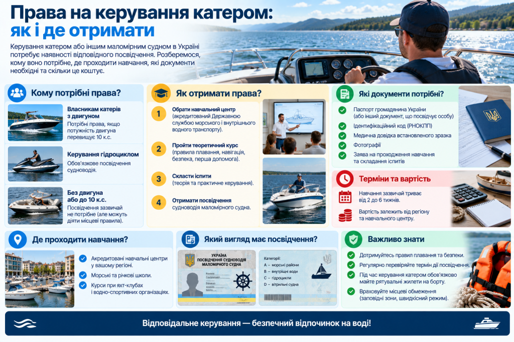 Інфографіка про отримання прав на керування катером, навчання, іспити, необхідні документи, вартість та вимоги до судноводія.
