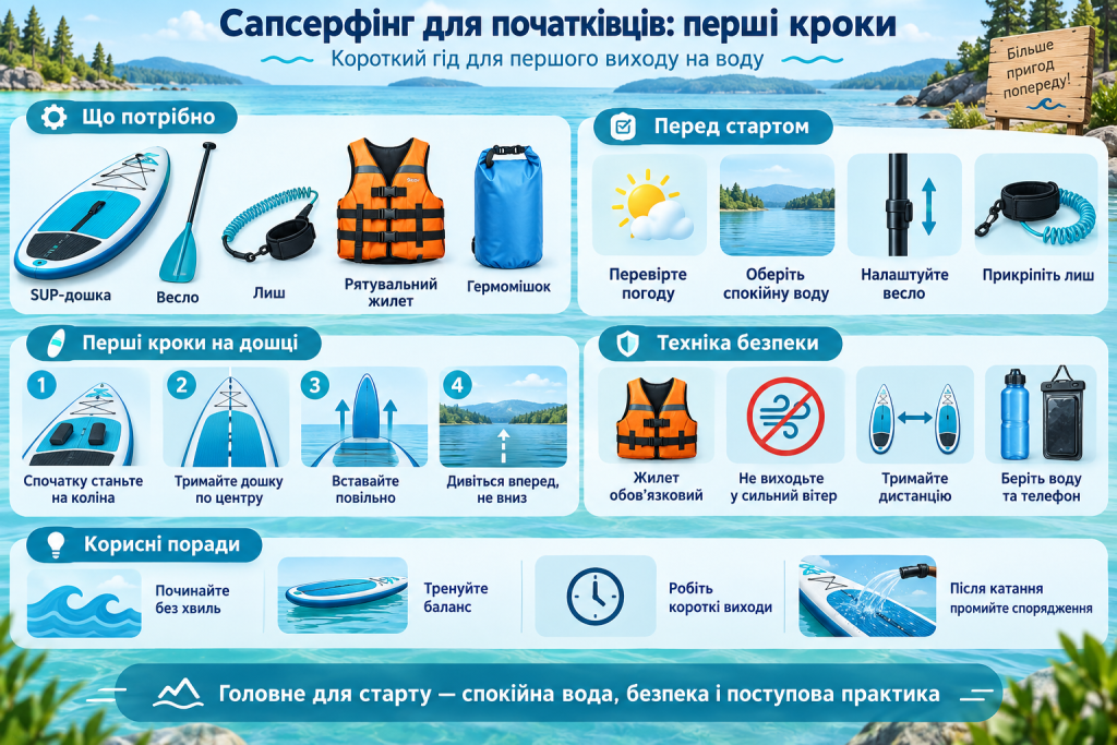 Інфографіка для початківців про сапсерфінг, необхідне спорядження, перші кроки на SUP-дошці та основні правила безпеки на воді.