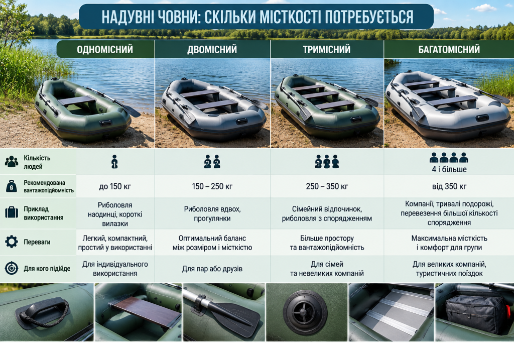 Таблиця порівняння одномісних, двомісних, тримісних і багатомісних надувних човнів за вантажопідйомністю та призначенням