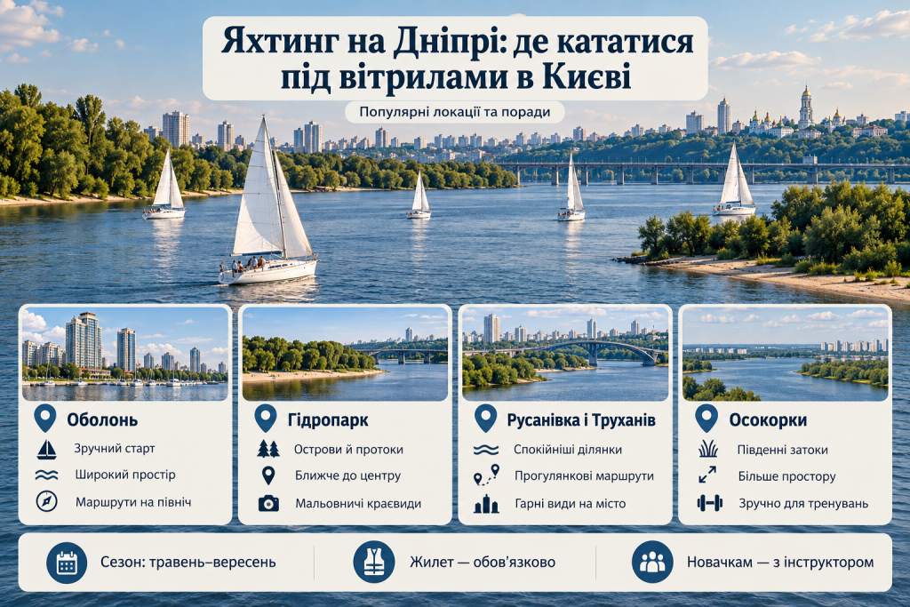 Інфографіка про яхтинг на Дніпрі в Києві з популярними локаціями для вітрильних прогулянок: Оболонь, Гідропарк, Русанівка, Труханів та Осокорки.